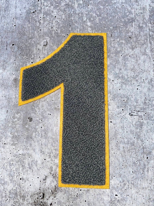 Numbers: 6" Large "Gray/Gold" Varsity Patches, Chenille w/Felt Letters, 1-pc, Choose Your Letter, 0 to 9 Patch, Iron-on, Jacket Patch
