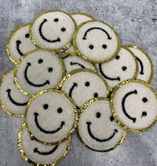 New: White, Chenille "Smile Patch" w/ Gold Glitter, Size 2.5", Smiley Face Patch with Iron-on Backing, Fuzzy Happy Face Applique, Fun Patch