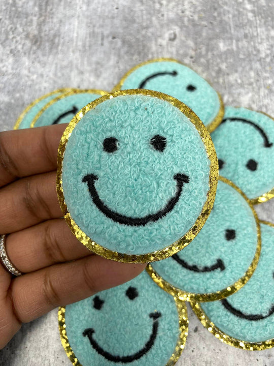 New: Aqua, Chenille "Smile Patch" w/ Gold Glitter, Size 2.5", Smiley Face Patch with Iron-on Backing, Fuzzy Happy Face Applique, Fun Patch
