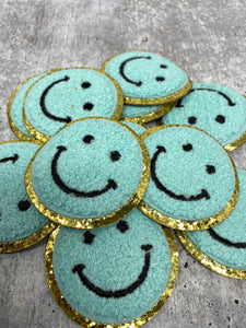 New: Aqua, Chenille "Smile Patch" w/ Gold Glitter, Size 2.5", Smiley Face Patch with Iron-on Backing, Fuzzy Happy Face Applique, Fun Patch