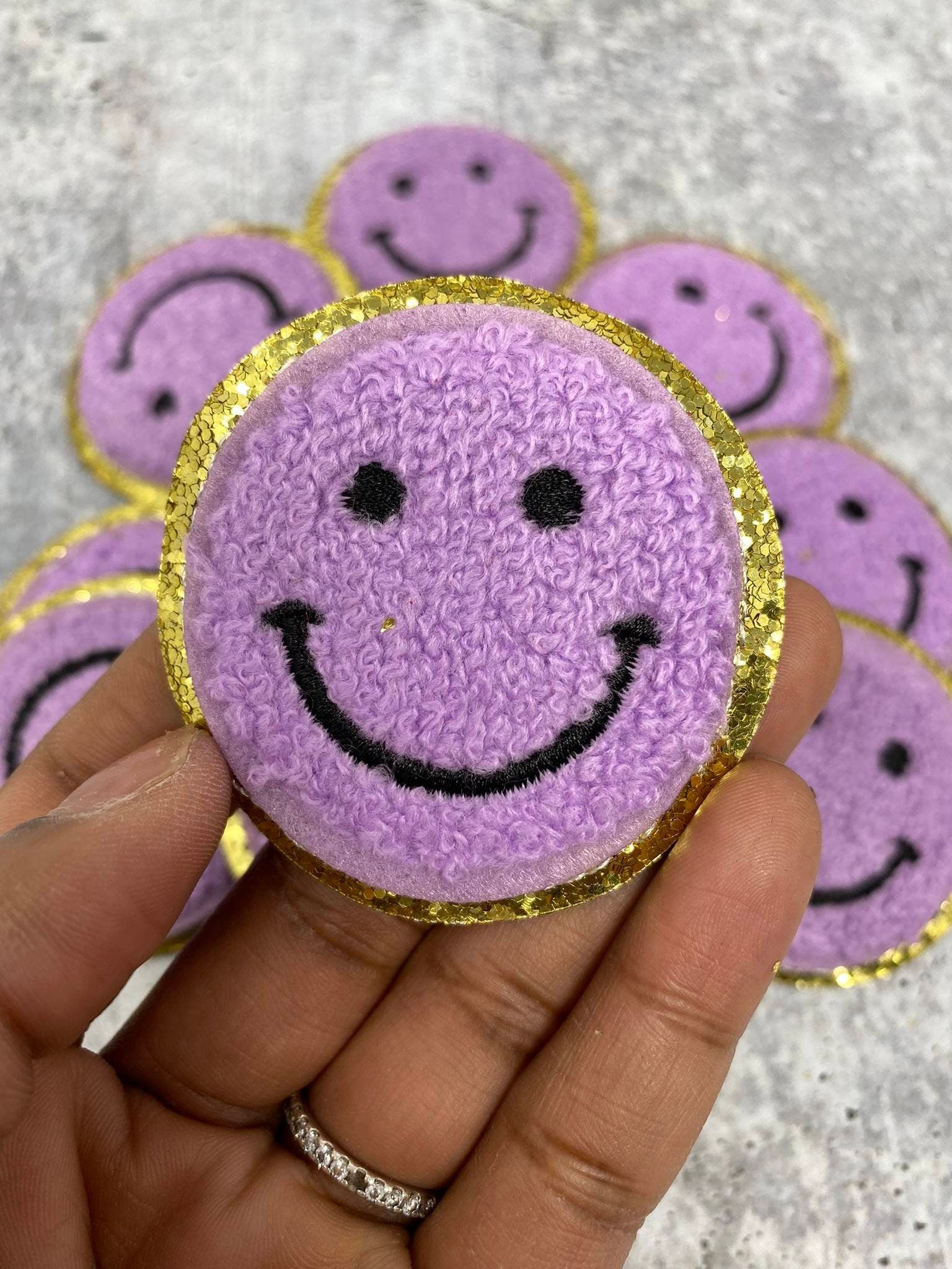 New: Purple, Chenille "Smile Patch" w/ Gold Glitter, Size 2.5", Smiley Face Patch with Iron-on Backing, Fuzzy Happy Face Applique, Fun Patch