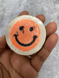 New: Orange, Chenille "Smile Patch" w/ Gold Glitter, Size 2.5", Smiley Face Patch with Iron-on Backing, Fuzzy Happy Face Applique, Fun Patch