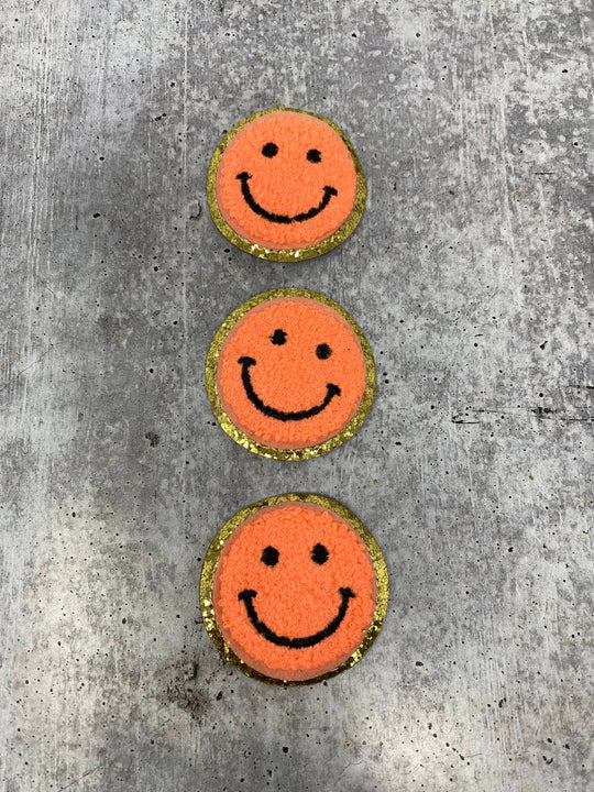 New: Orange, Chenille "Smile Patch" w/ Gold Glitter, Size 2.5", Smiley Face Patch with Iron-on Backing, Fuzzy Happy Face Applique, Fun Patch