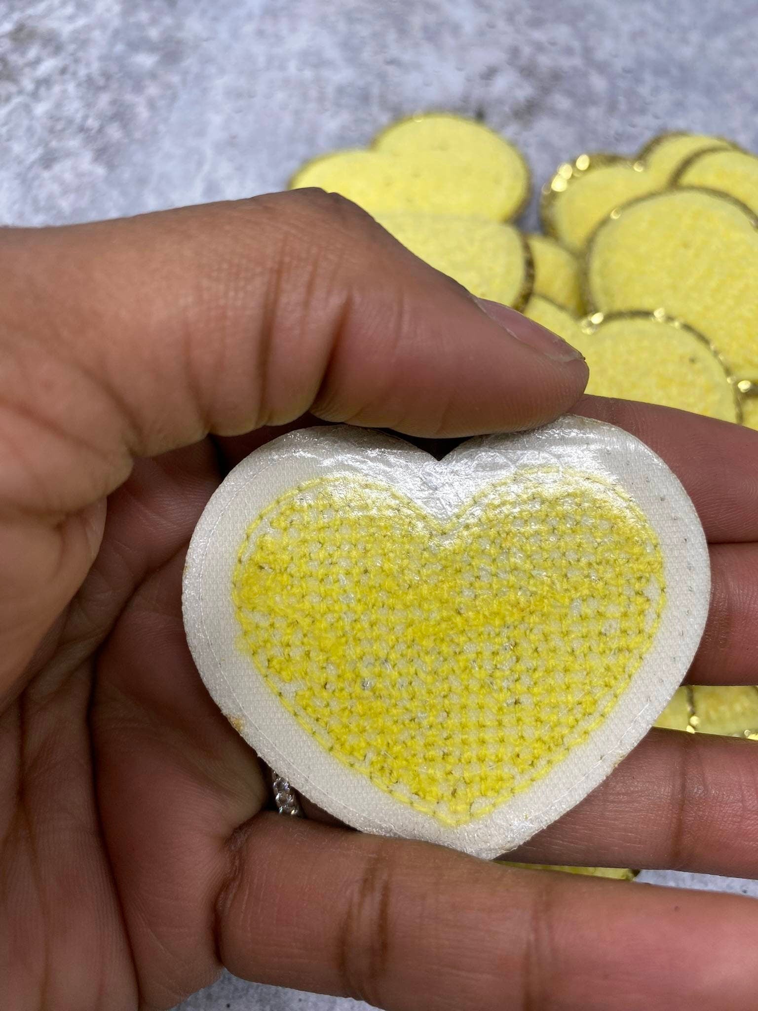 New: Yellow, 1-pc,Chenille "Heart" Patch w/ Gold Glitter, Size 2.5", Love Badge, Heart Patch with Iron-on Backing, Fuzzy Applique, DIY Patch