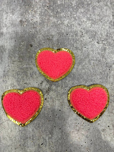 New: NEON Pink, 1-pc,Chenille "Heart" Patch w/Gold Glitter, Size 2.5", Love Badge, Heart Patch w/ Iron-on Backing, Fuzzy Applique, DIY Patch