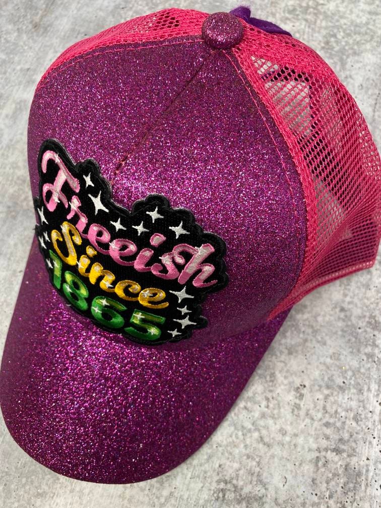 New, Exclusive "Freeish Since 1865" Purple Messy Bun/Ponytail Hat, Glitter Hat, Sparkling Bad Hair Day Hat, Gift for Her, Fashionable Hat