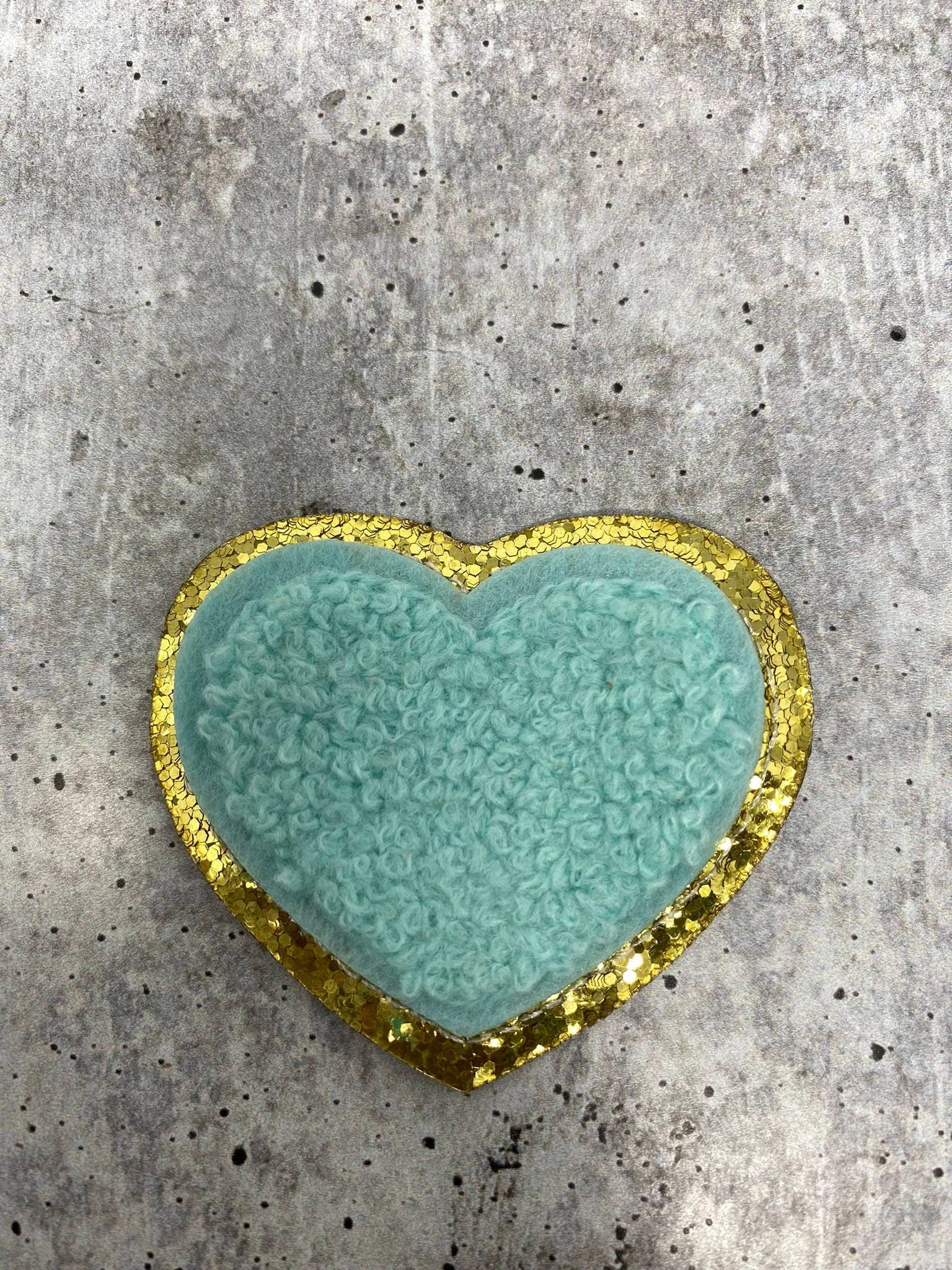 New: Aqua Blue, 1-pc, Chenille "Heart Patch" w/Gold Glitter, Size 2.5", Love Patch w/ Iron-on Backing, Fuzzy Applique, Iron-on Patch