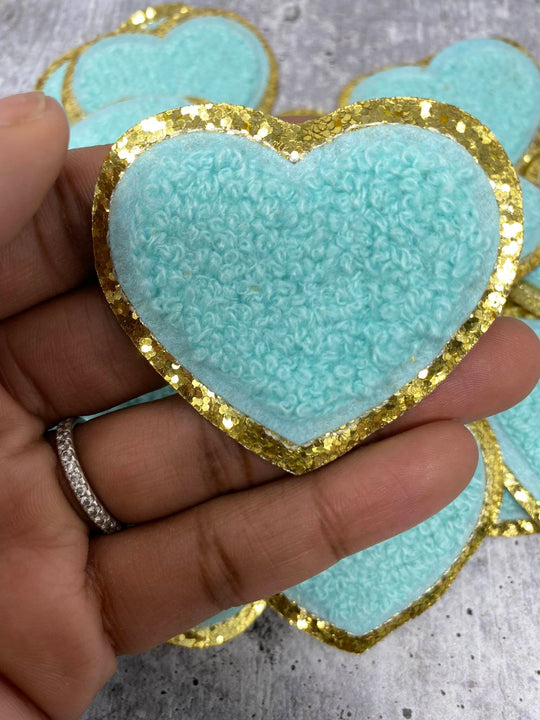New: Aqua Blue, 1-pc, Chenille "Heart Patch" w/Gold Glitter, Size 2.5", Love Patch w/ Iron-on Backing, Fuzzy Applique, Iron-on Patch