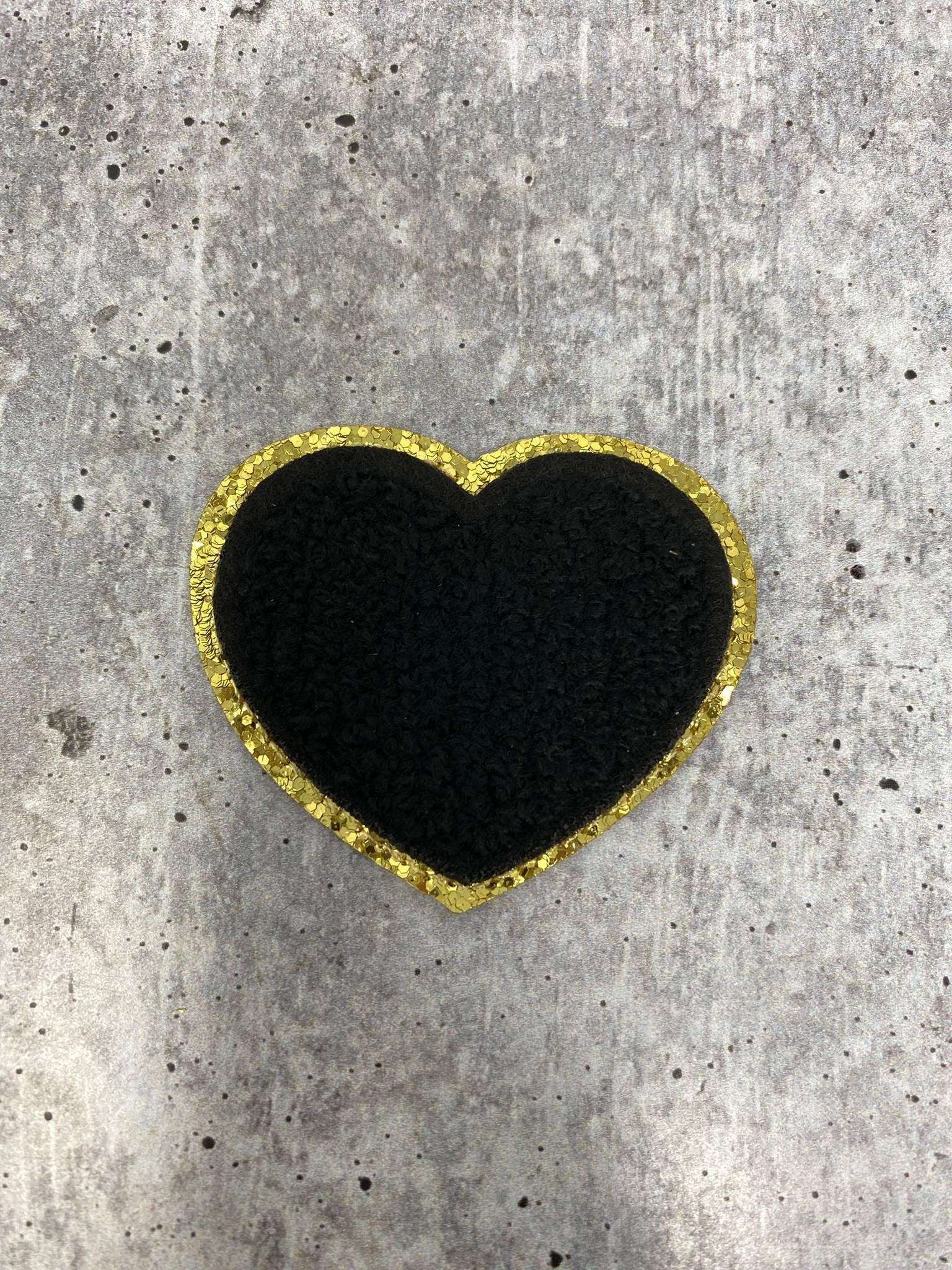 New: Black, 1-pc Chenille "Heart Patch" w/Gold Glitter, Size 2.5", Love Patch w/ Iron-on Backing, Fuzzy Iron-on Patch for Girls, Small Patch