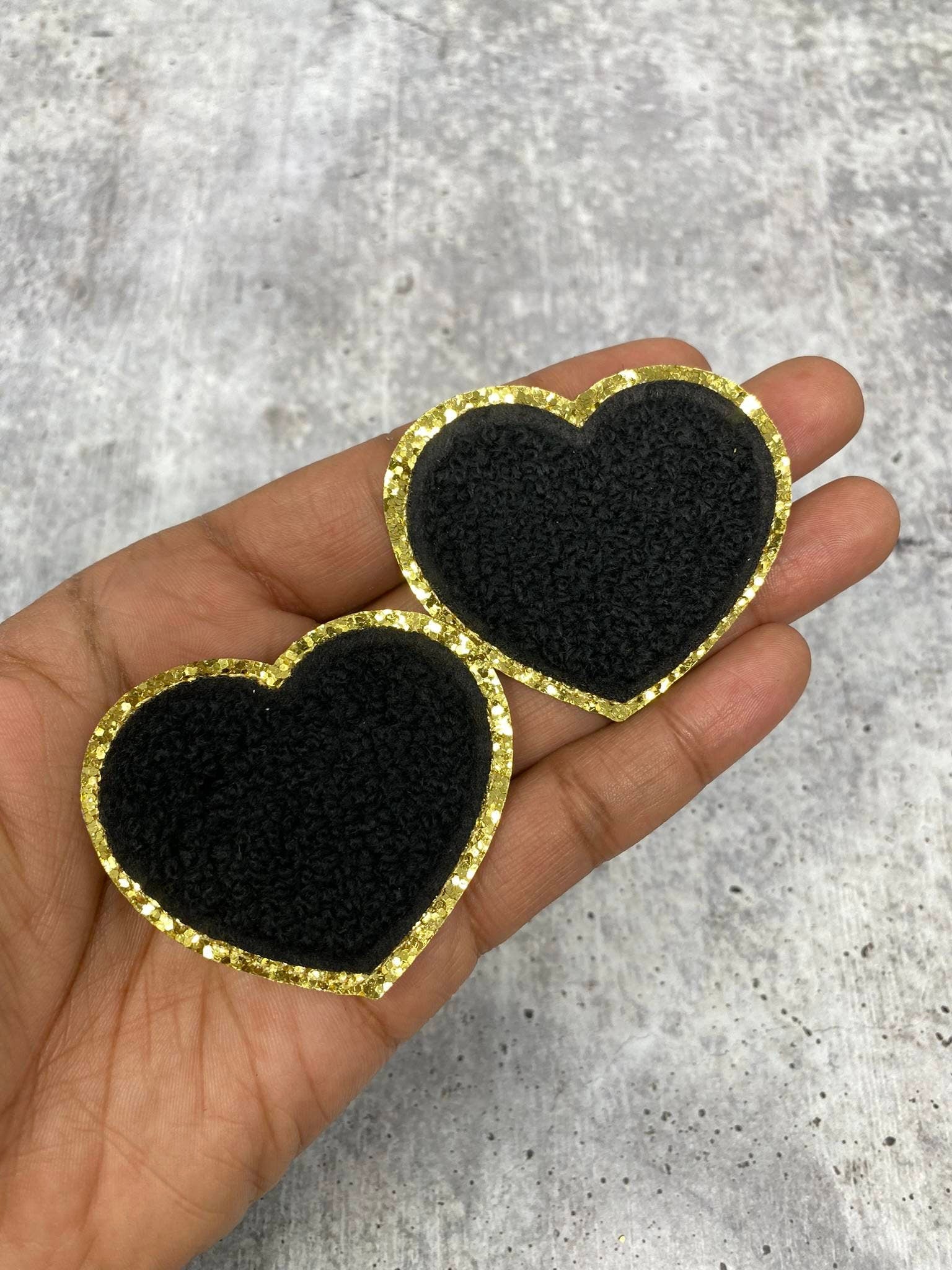 New: Black, 1-pc Chenille "Heart Patch" w/Gold Glitter, Size 2.5", Love Patch w/ Iron-on Backing, Fuzzy Iron-on Patch for Girls, Small Patch