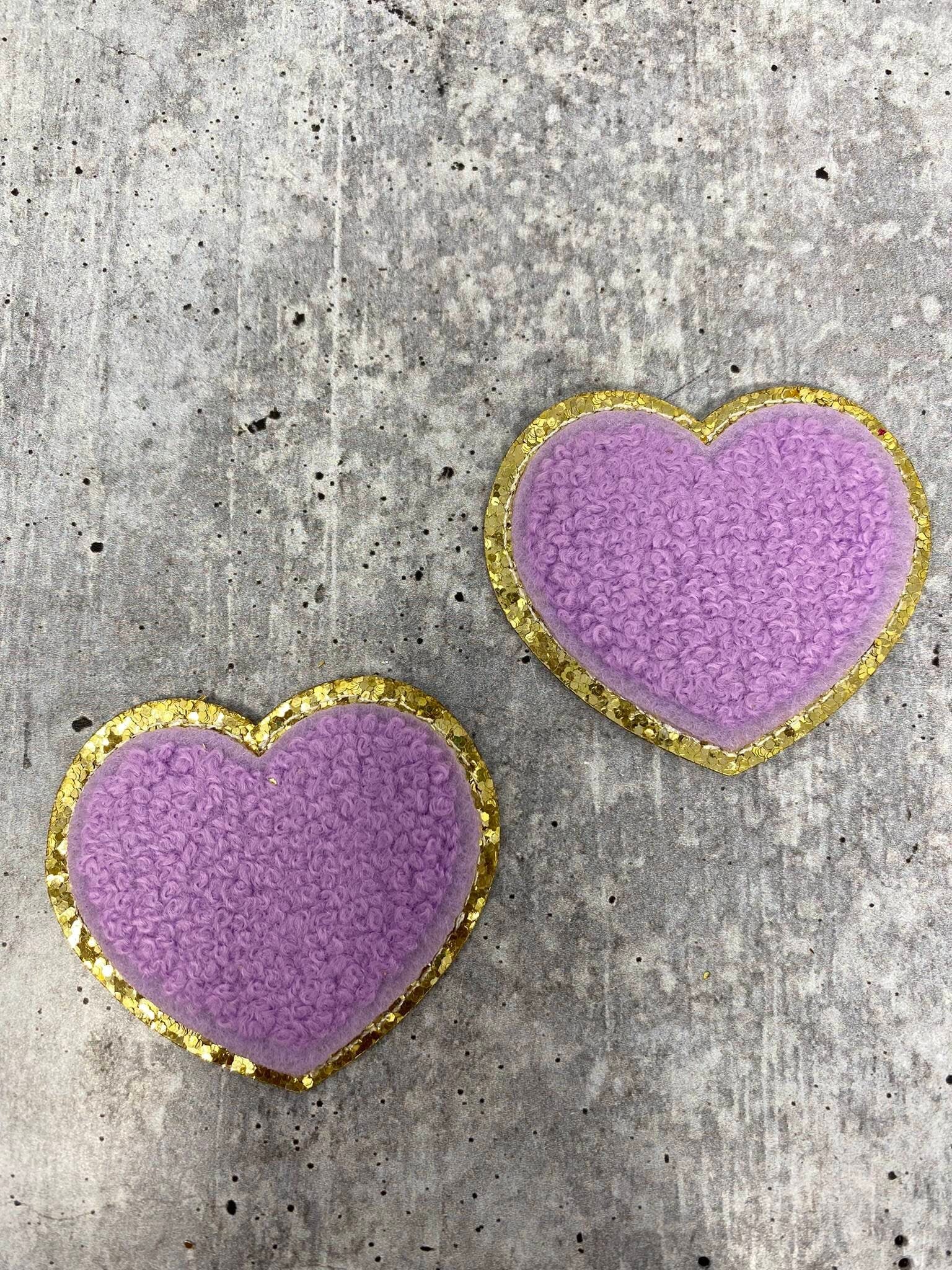 New: Purple, Chenille 1-pc "Heart Patch" w/Gold Glitter, Size 2.5", Love Patch with Iron-on Backing, Fuzzy Applique, Iron-on Patch for Girls