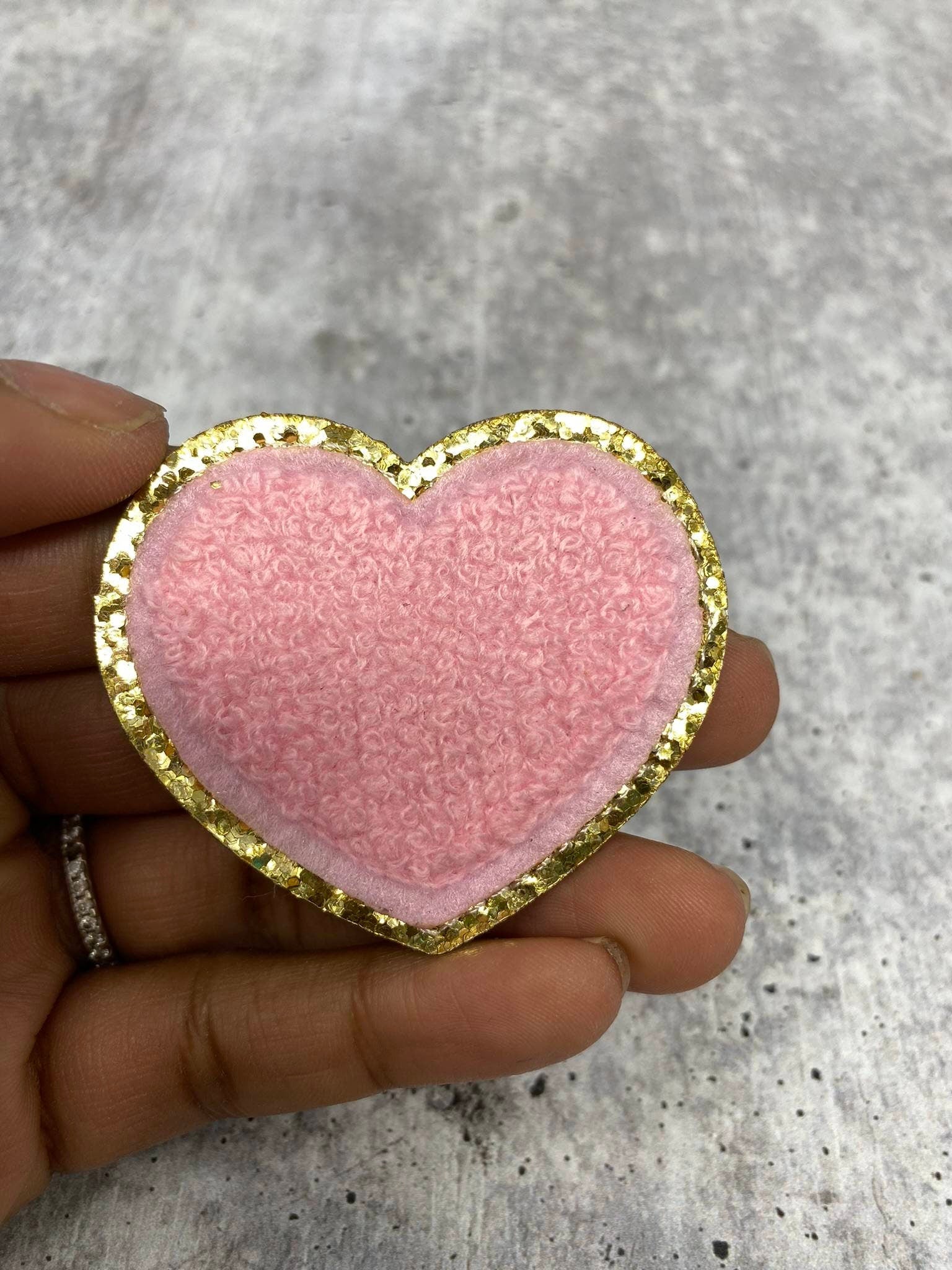 New: Light Pink, 1-pc, Chenille "Heart" Patch w/ Gold Glitter, Size 2.5", Love Badge, Heart Patch with Iron-on Backing, Fuzzy Applique, DIY