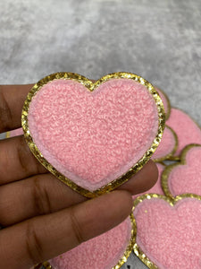 New: Light Pink, 1-pc, Chenille "Heart" Patch w/ Gold Glitter, Size 2.5", Love Badge, Heart Patch with Iron-on Backing, Fuzzy Applique, DIY