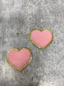 New: Light Pink, 1-pc, Chenille "Heart" Patch w/ Gold Glitter, Size 2.5", Love Badge, Heart Patch with Iron-on Backing, Fuzzy Applique, DIY