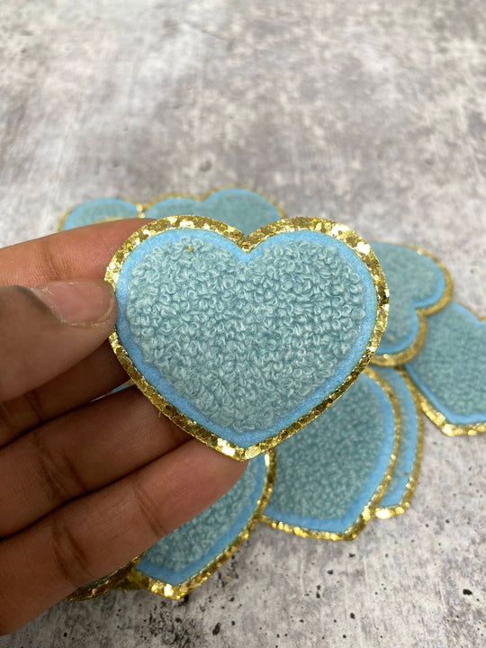 New: Seafoam Blue, 1-pc, Chenille "Heart Patch" w/Gold Glitter, Size 2.5", Love Patch w/ Iron-on Backing, Fuzzy Applique, Iron-on Patch