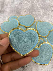 New: Seafoam Blue, 1-pc, Chenille "Heart Patch" w/Gold Glitter, Size 2.5", Love Patch w/ Iron-on Backing, Fuzzy Applique, Iron-on Patch