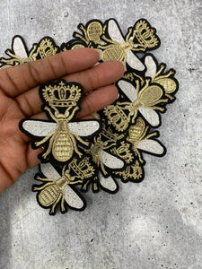 Small "Bee w/Crown" 1-pc,  Metallic Gold, Jacket Patch, Embroidered Applique Iron On Patch, Size 1.75", Patch for Hats and Crocs