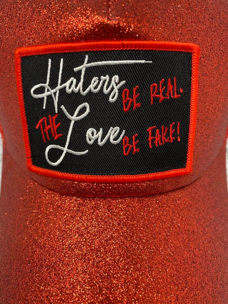 Exclusive "Haters Be Real" Red Glitter Messy Bun/Ponytail Hat, Glitter Hat, Sparkling Bad Hair Day Hat, Gift for Her, Fashionable Hat