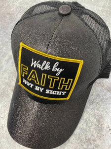 Exclusive "Walk By Faith" Black Glitter Messy Bun/Ponytail Hat, Glitter Hat, Sparkling Bad Hair Day Hat, Gift for Her, Fashionable Hat