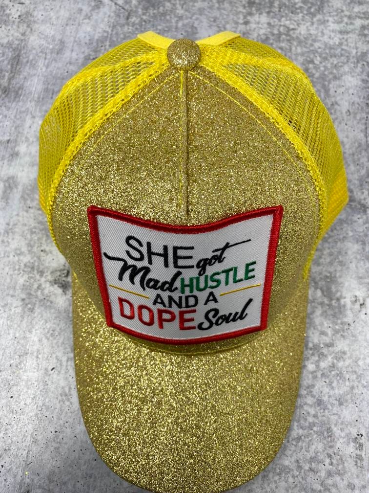 Exclusive "She Got Mad Hustle" Gold Glitter Messy Bun/Ponytail Hat, Glitter Hat, Sparkling Bad Hair Day Hat, Gift for Her, Fashionable Hat