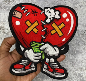 New: 1-pc "Broken Hearted But, Still Hustlin" 100% Embroidered Heart, Iron on Patch, DIY Applique, Large Patch, Size 6", Jacket Patch