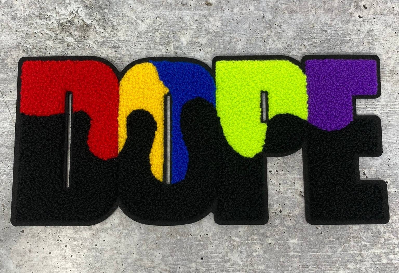 NEW, Large, 1-pc Colorful "DOPE" Chenille Iron On Patch, Size 9"x5", Large Patch for Varsity Jackets, Denim Jackets, Shirts, & Hoodies