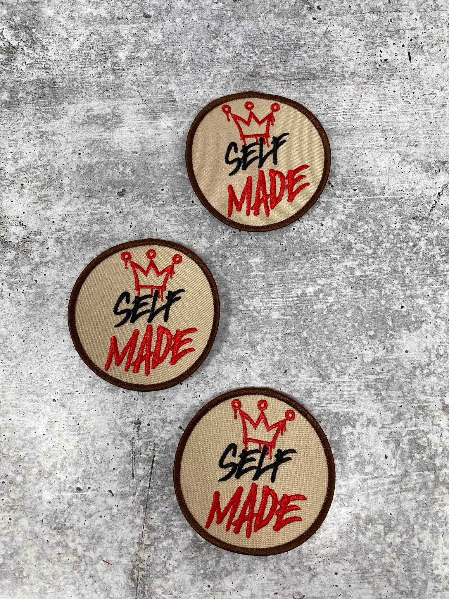 Exclusive, 1-pc "Self-Made" Emblem, Beige/Red/Brown Iron On Embroidered Patch,  Size 3.25" Applique for Crocs, Patches for Hats and Jackets