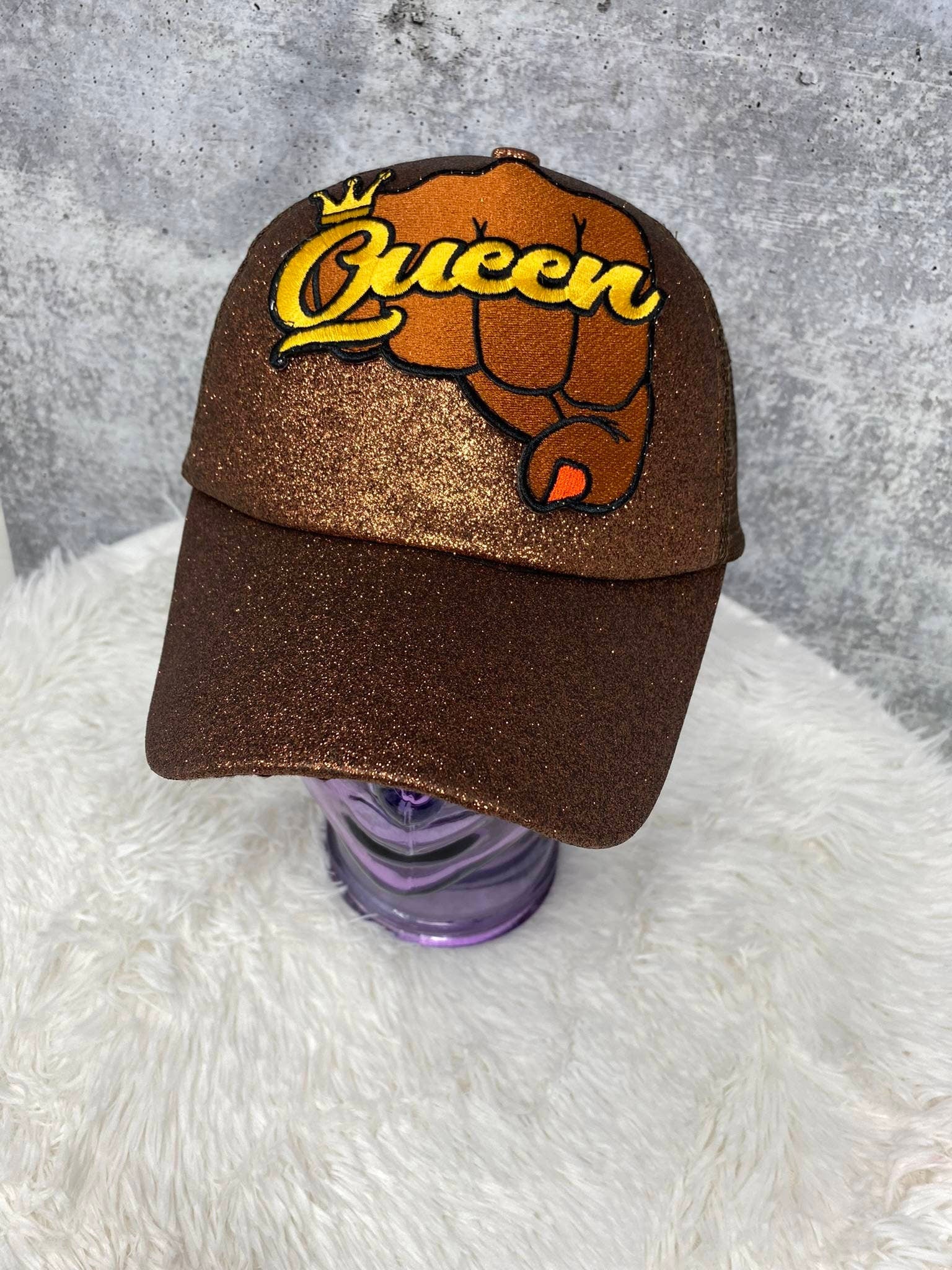 Exclusive "Queen Fist" Bronze/Brown Glitter, Messy Bun/Ponytail Hat, Glitter Hat, Sparkling Bad Hair Day Hat, Gift for Her, Fashionable Hat