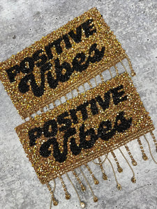 New, Gold "POSITIVE VIBES" Blinged Out, Dripping Rhinestone Patch w/ Adhesive, Bling Applique, Size 4" Czech Rhinestones, DIY Applique