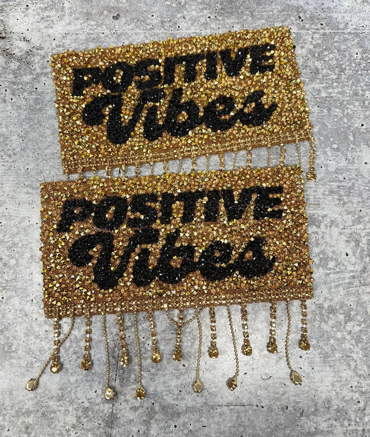 New, Gold "POSITIVE VIBES" Blinged Out, Dripping Rhinestone Patch w/ Adhesive, Bling Applique, Size 4" Czech Rhinestones, DIY Applique