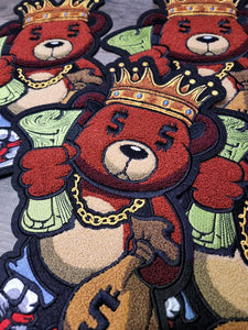 Exclusive, Chenille, "Money Bear King," w/Dollar Sign Eyes, Large Patch for Jackets or Hoodies, Size 12", Patches for Men, Fuzzy Bear Patch