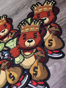 Exclusive, Chenille, "Money Bear King," w/Dollar Sign Eyes, Large Patch for Jackets or Hoodies, Size 12", Patches for Men, Fuzzy Bear Patch