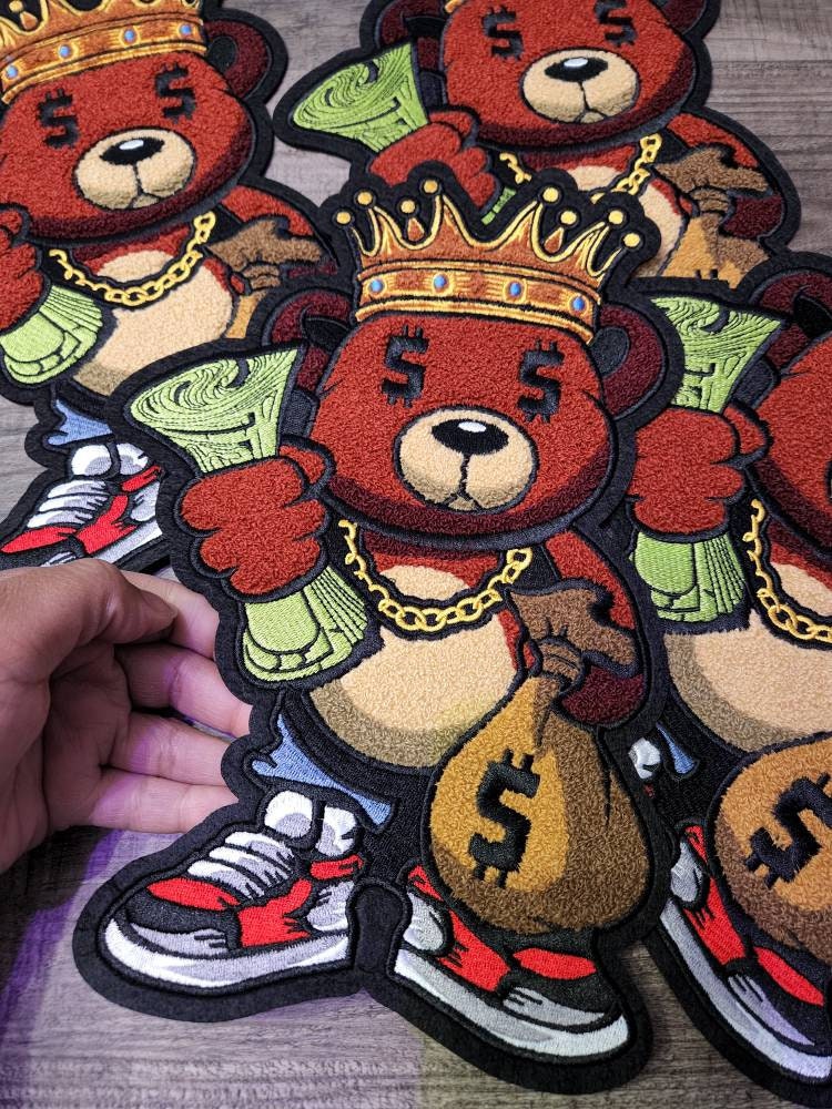 Exclusive, Chenille, "Money Bear King," w/Dollar Sign Eyes, Large Patch for Jackets or Hoodies, Size 12", Patches for Men, Fuzzy Bear Patch