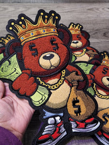 Exclusive, Chenille, "Money Bear King," w/Dollar Sign Eyes, Large Patch for Jackets or Hoodies, Size 12", Patches for Men, Fuzzy Bear Patch