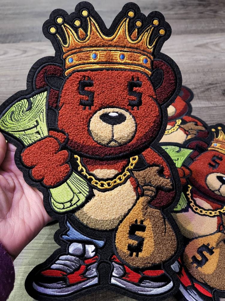 Exclusive, Chenille, "Money Bear King," w/Dollar Sign Eyes, Large Patch for Jackets or Hoodies, Size 12", Patches for Men, Fuzzy Bear Patch