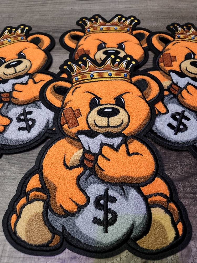 Exclusive, Orange 1-pc, Chenille,"Got The Bag Bear," w/Band-aid, Large Patch for Jackets or Hoodies, Size 12", Patch for Men, Fuzzy Bear