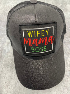 Exclusive “Wifey, Mama, Boss" Black Glitter Messy Bun/Ponytail Hat, Glitter Hat, Sparkling Bad Hair Day Hat, Gift for Her, Fashionable Hat