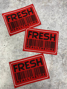 New Design, Red "Fresh" (Me all the time) Patch w /Barcode, Iron-On Embroidered Applique; Patch for Clothing, Size 4"x3"