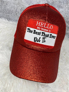 New, Red, "Hello, My Name Is" Messy Bun/Ponytail Hat, Glitter Hat, Bad Hair Day Hat, Gift for Her, Fashion Hat, Inspirational Gifts for Her