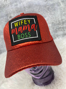 Exclusive, RED, “Wifey, Mama, Boss" Glitter Messy Bun/Ponytail Hat, Glitter Hat, Sparkling Bad Hair Day Hat, Gift for Her, Baseball Cap