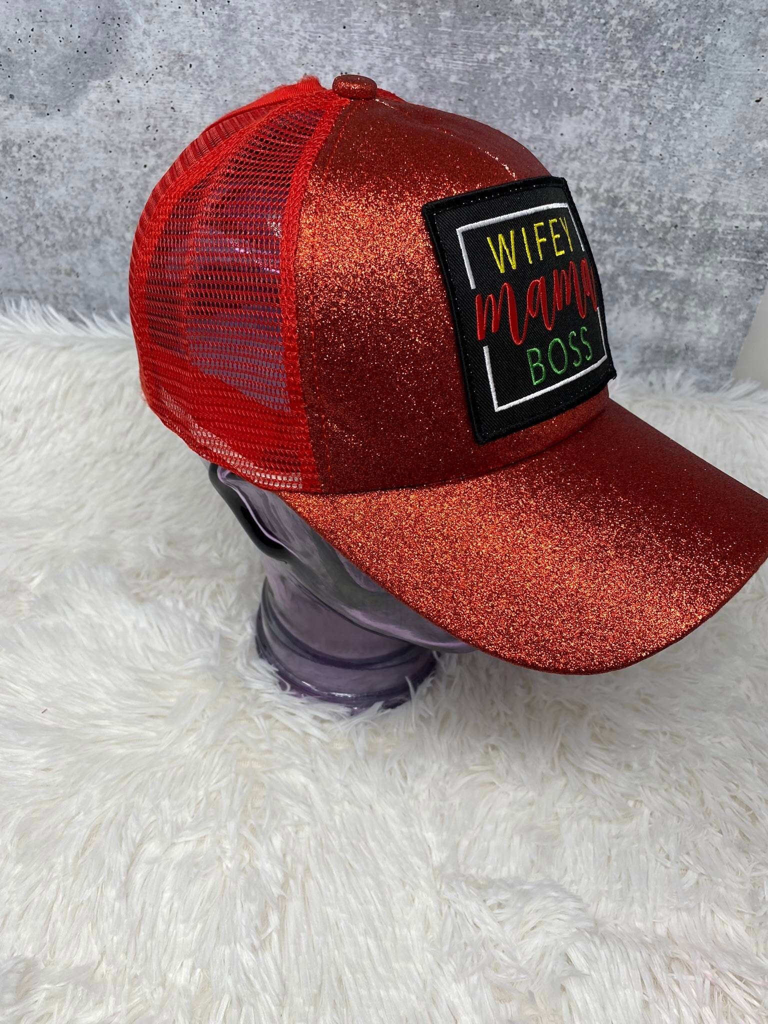 Exclusive, RED, “Wifey, Mama, Boss" Glitter Messy Bun/Ponytail Hat, Glitter Hat, Sparkling Bad Hair Day Hat, Gift for Her, Baseball Cap