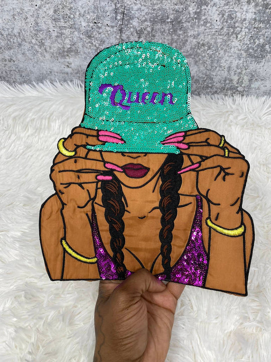 Exclusive, 1-pc SEQUINS "Queen" w/Teal Hat, Embroidery, & Satin, 10'' Patch, Iron-on Applique, Large Back Patch, Patch for Clothing