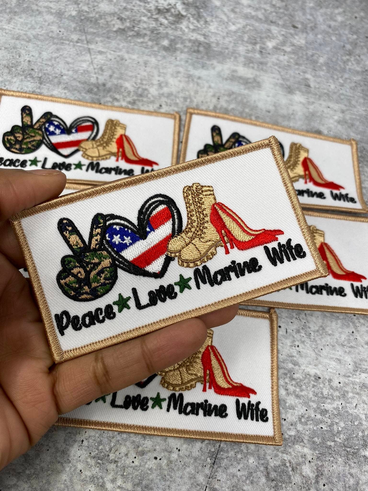 New, 1-pc, "Peace. Love. MARINE Wife" Iron-on Embroidery Patch, Size 3"x 2", Military Wife Badge, Patch for Crocs, Jackets, & DIY Craft