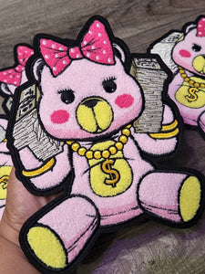 Exclusive, PINK Chenille, "Get Money Bear" Large Patch for Jackets or Hoodies, Size 11", Patches for Women, Fuzzy Bear Patch