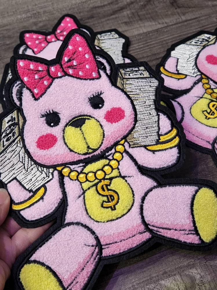 Exclusive, PINK Chenille, "Get Money Bear" Large Patch for Jackets or Hoodies, Size 11", Patches for Women, Fuzzy Bear Patch