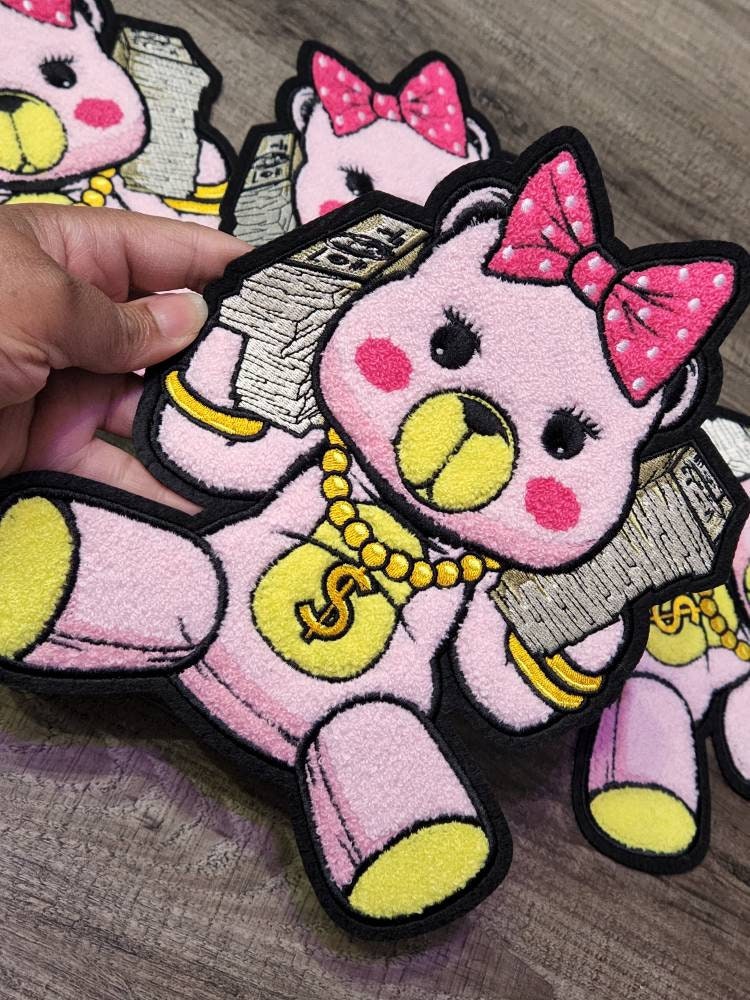 Exclusive, PINK Chenille, "Get Money Bear" Large Patch for Jackets or Hoodies, Size 11", Patches for Women, Fuzzy Bear Patch