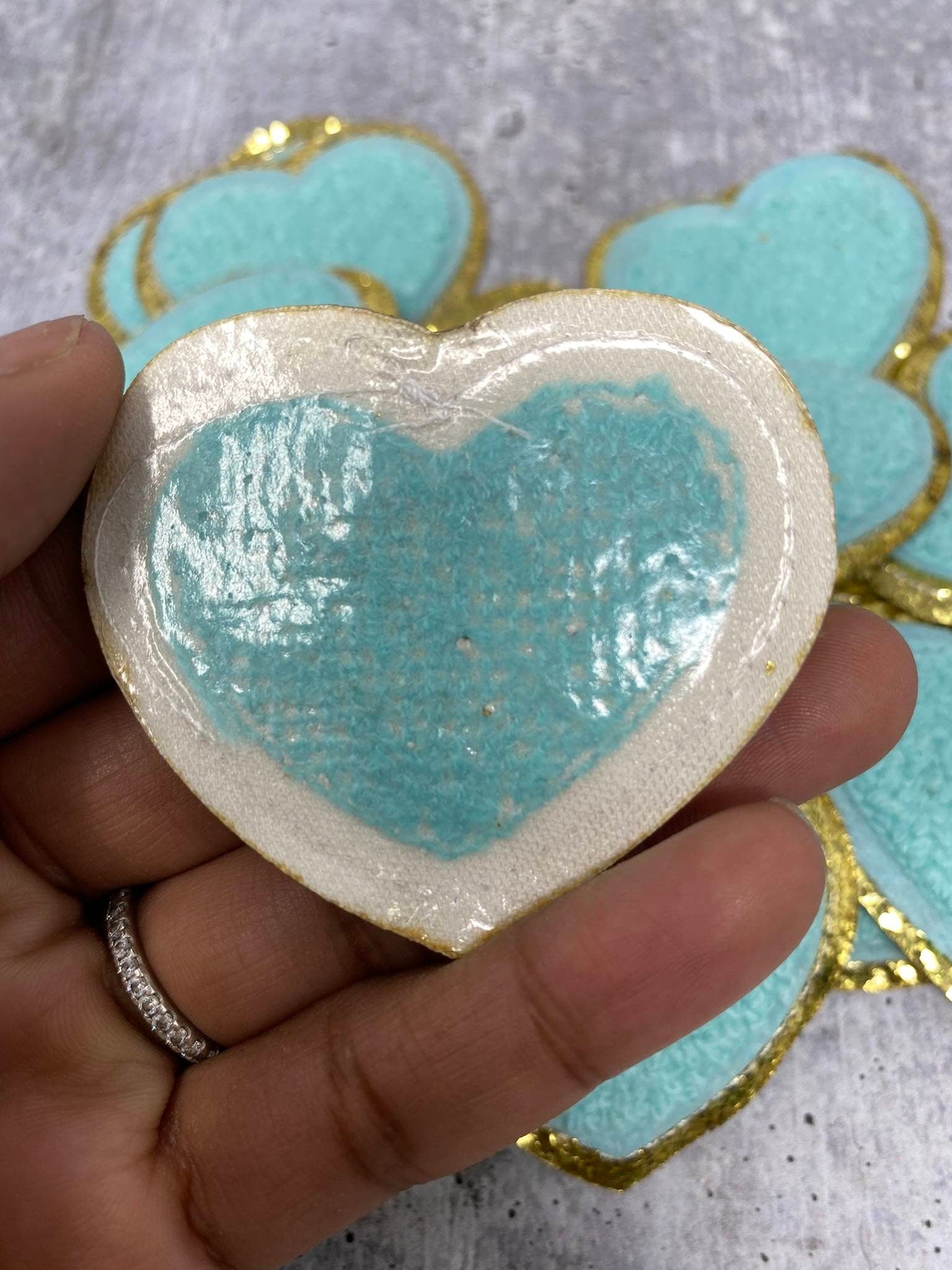 New: Aqua Blue, 1-pc, Chenille "Heart Patch" w/Gold Glitter, Size 2.5", Love Patch w/ Iron-on Backing, Fuzzy Applique, Iron-on Patch