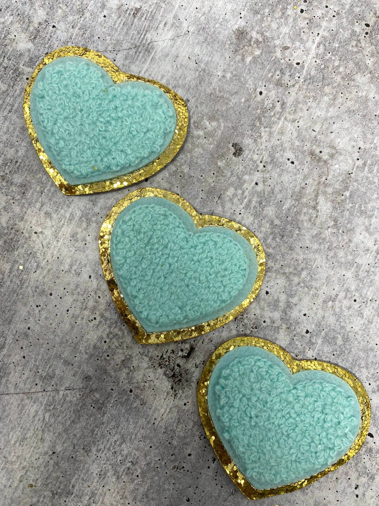 New: Aqua Blue, 1-pc, Chenille "Heart Patch" w/Gold Glitter, Size 2.5", Love Patch w/ Iron-on Backing, Fuzzy Applique, Iron-on Patch