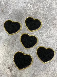 New: Black, 1-pc Chenille "Heart Patch" w/Gold Glitter, Size 2.5", Love Patch w/ Iron-on Backing, Fuzzy Iron-on Patch for Girls, Small Patch