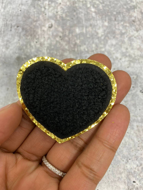 New: Black, 1-pc Chenille "Heart Patch" w/Gold Glitter, Size 2.5", Love Patch w/ Iron-on Backing, Fuzzy Iron-on Patch for Girls, Small Patch